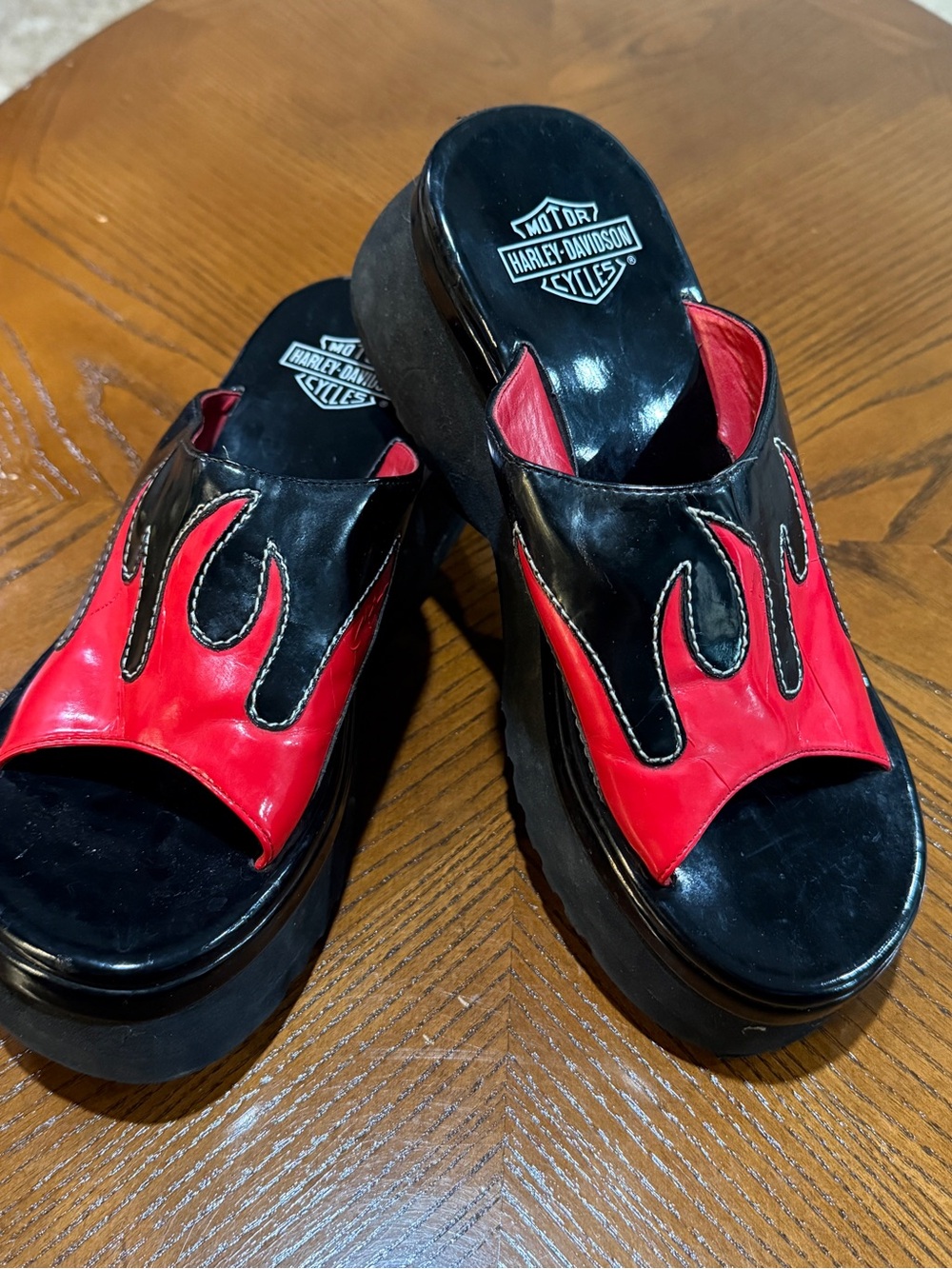 Harley‑Davidson Black and Red Flame Platform Mules